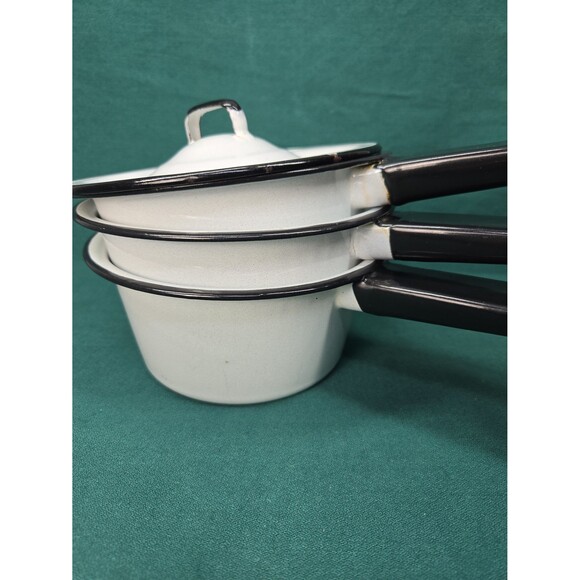 Vintage Enamelware White & Black Enamel 6" Pots Set of 3 with 1 Lid Sauce Soup - Picture 1 of 12